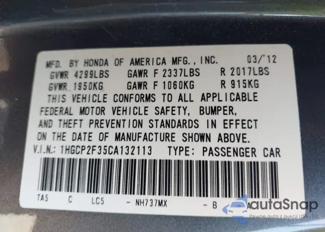 2012 Honda Accord 2.4 Lx z USA, uszkodzony, nr VIN 1HGCP2F35CA132113